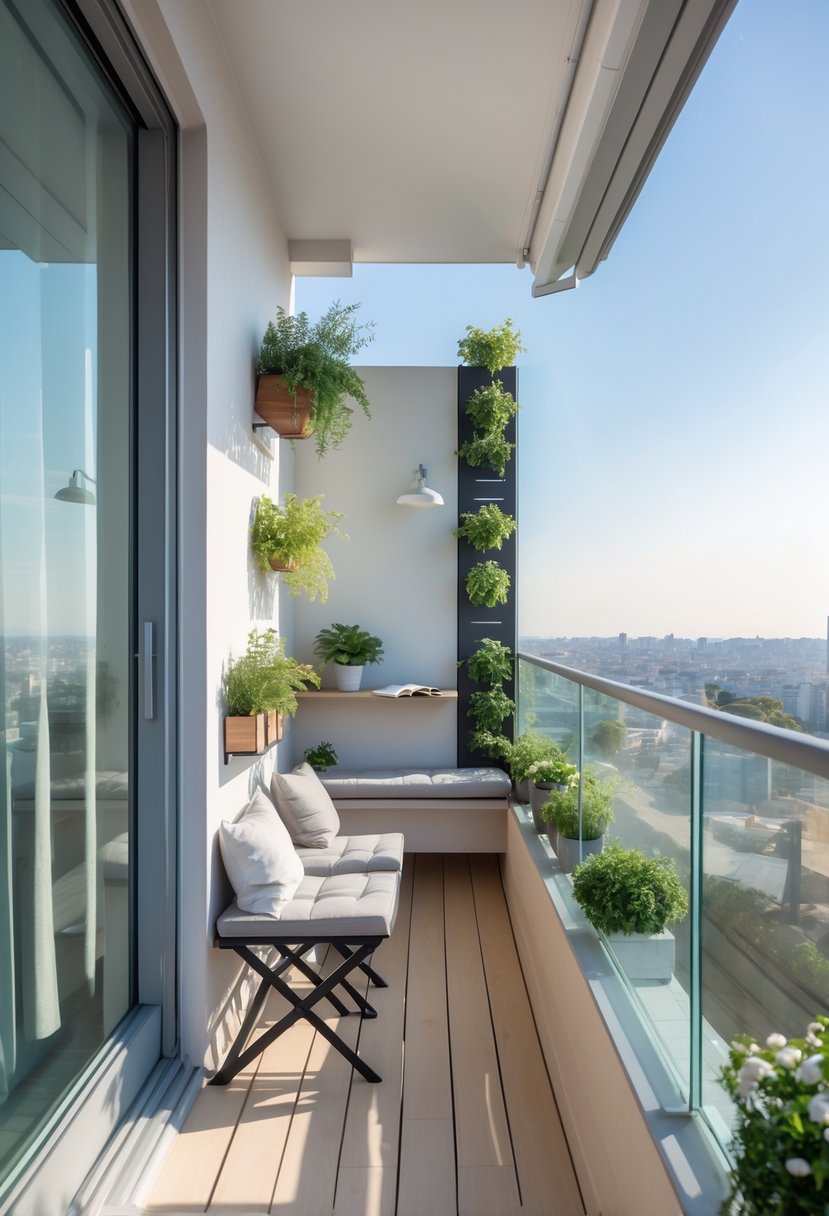 A narrow balcony with modern seating, potted plants, and a small table overlooking a cityscape under clear skies.