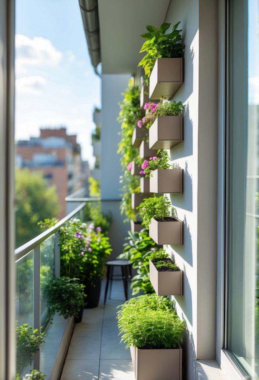 A narrow balcony with vertical garden planters mounted on the wall, filled with green plants, creating a bright and inviting outdoor space.