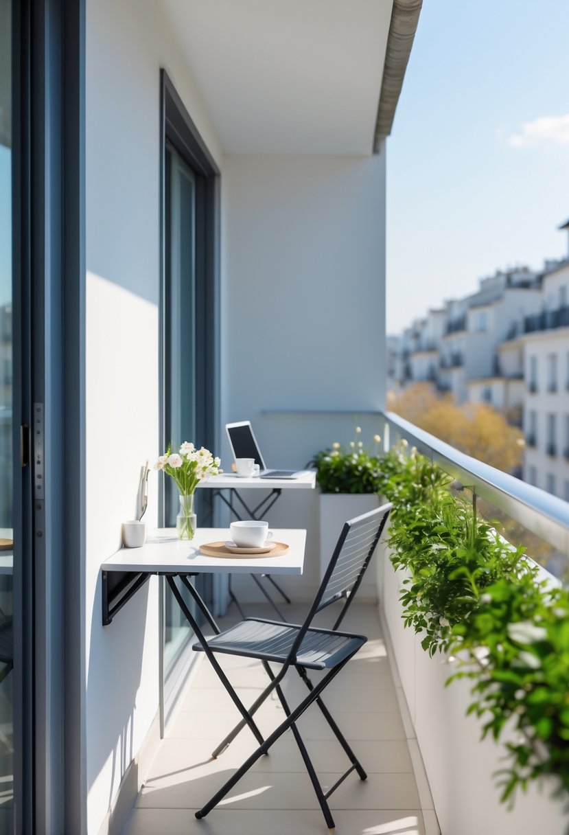 Narrow balcony with two foldable wall-mounted tables, one set for dining and the other as a workspace, surrounded by plants and natural light.