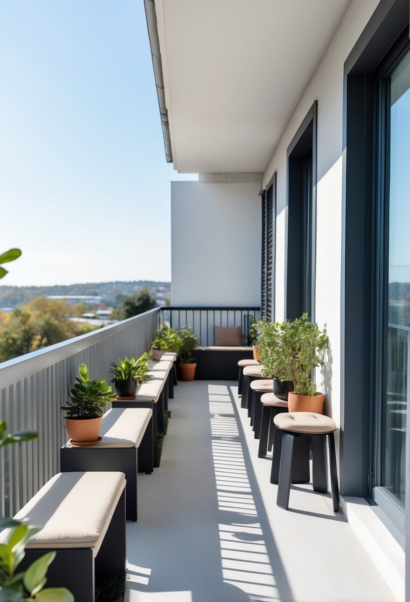A narrow balcony with slim benches and stools, decorated with plants and overlooking a cityscape.