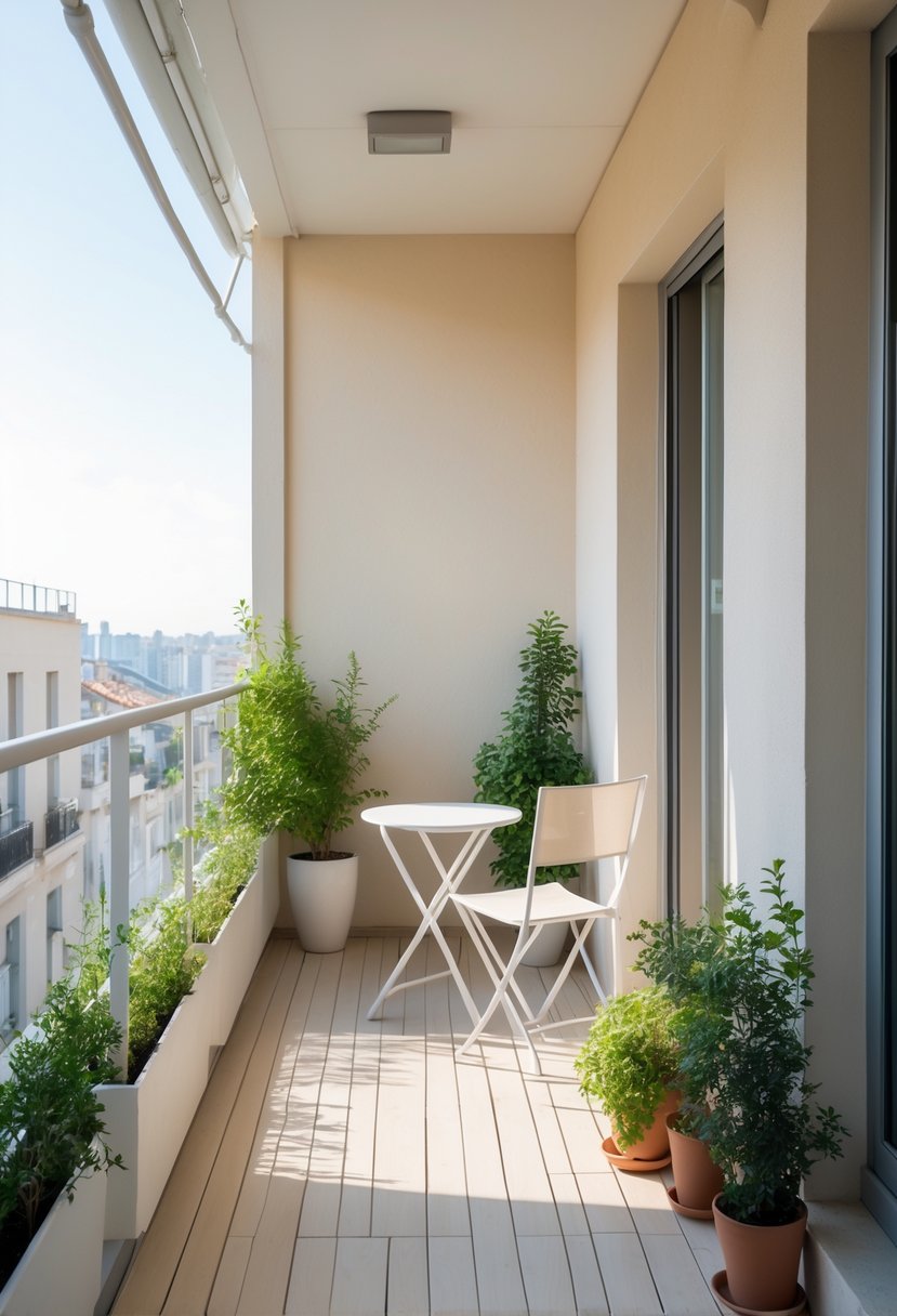 A narrow balcony with light neutral walls, wooden floor, small table, chairs, and green plants, bathed in natural sunlight.