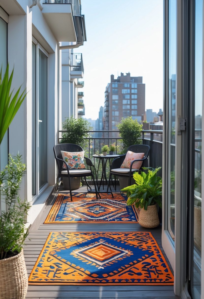 A narrow outdoor balcony with bold patterned rugs defining separate seating and plant areas.