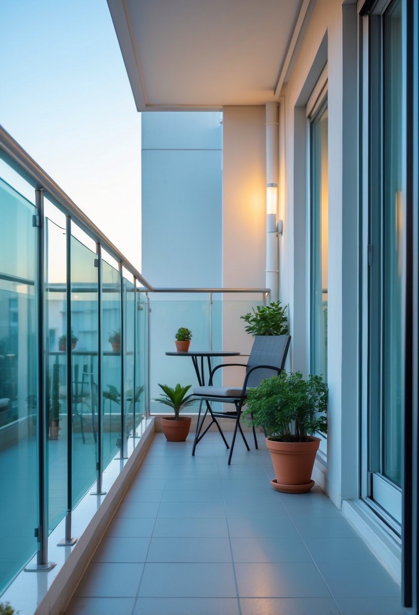 A narrow balcony with a transparent glass railing, outdoor furniture, and plants overlooking a cityscape.