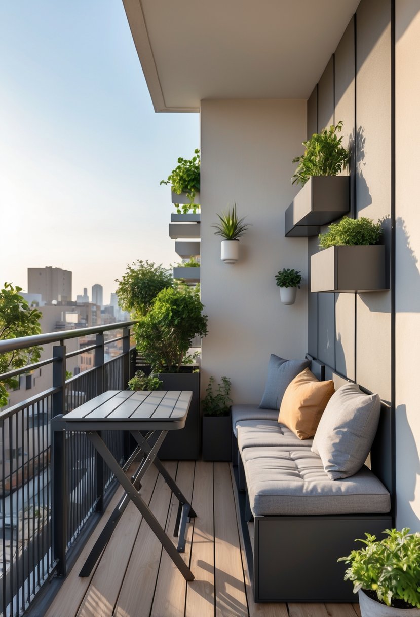 A narrow balcony with multi-functional furniture including a storage bench, foldable table, and shelves with plants, creating a cozy and organized small outdoor space.