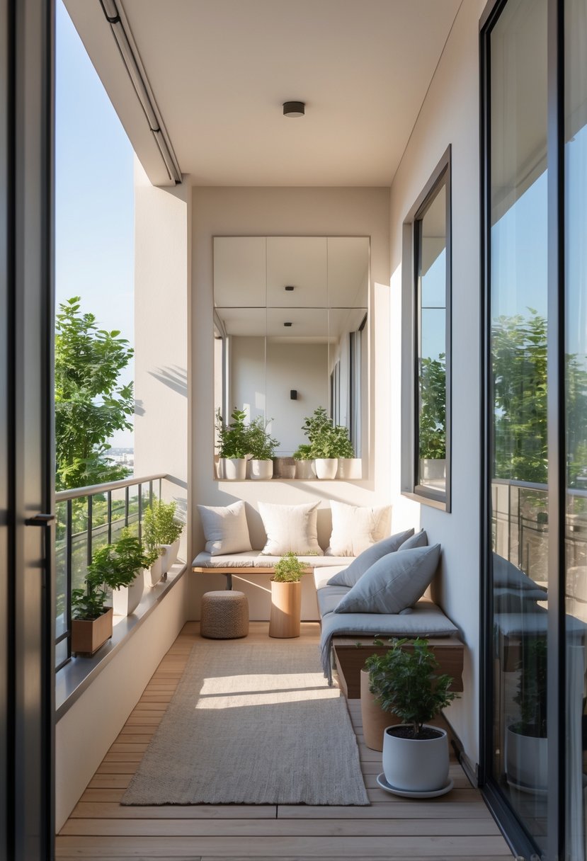 A narrow balcony with mirrors reflecting light, cozy seating, and potted plants creating a bright and spacious feel.