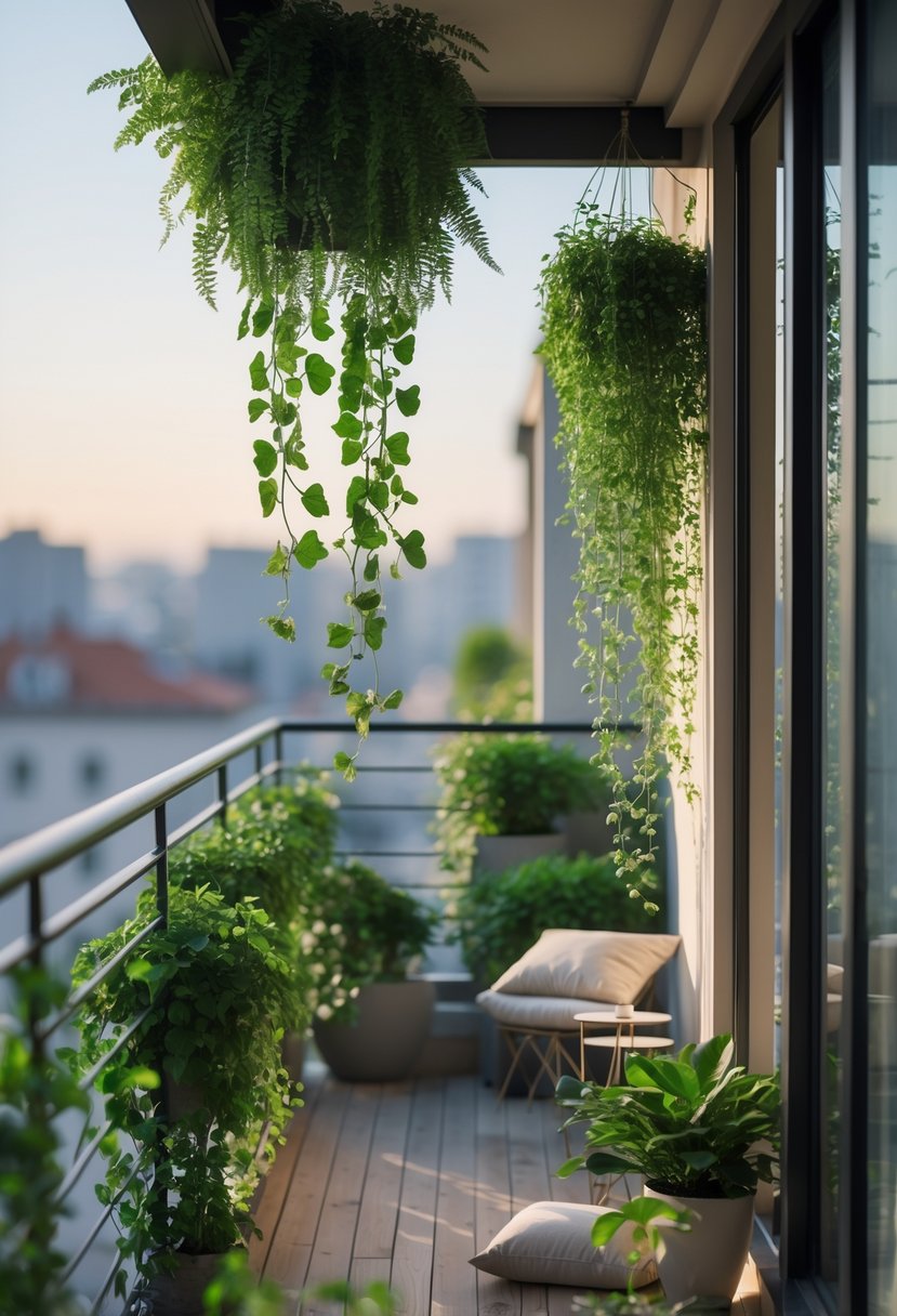 Narrow balcony with hanging cascading green plants from ceiling and railings, small outdoor furniture, and urban buildings in the background.