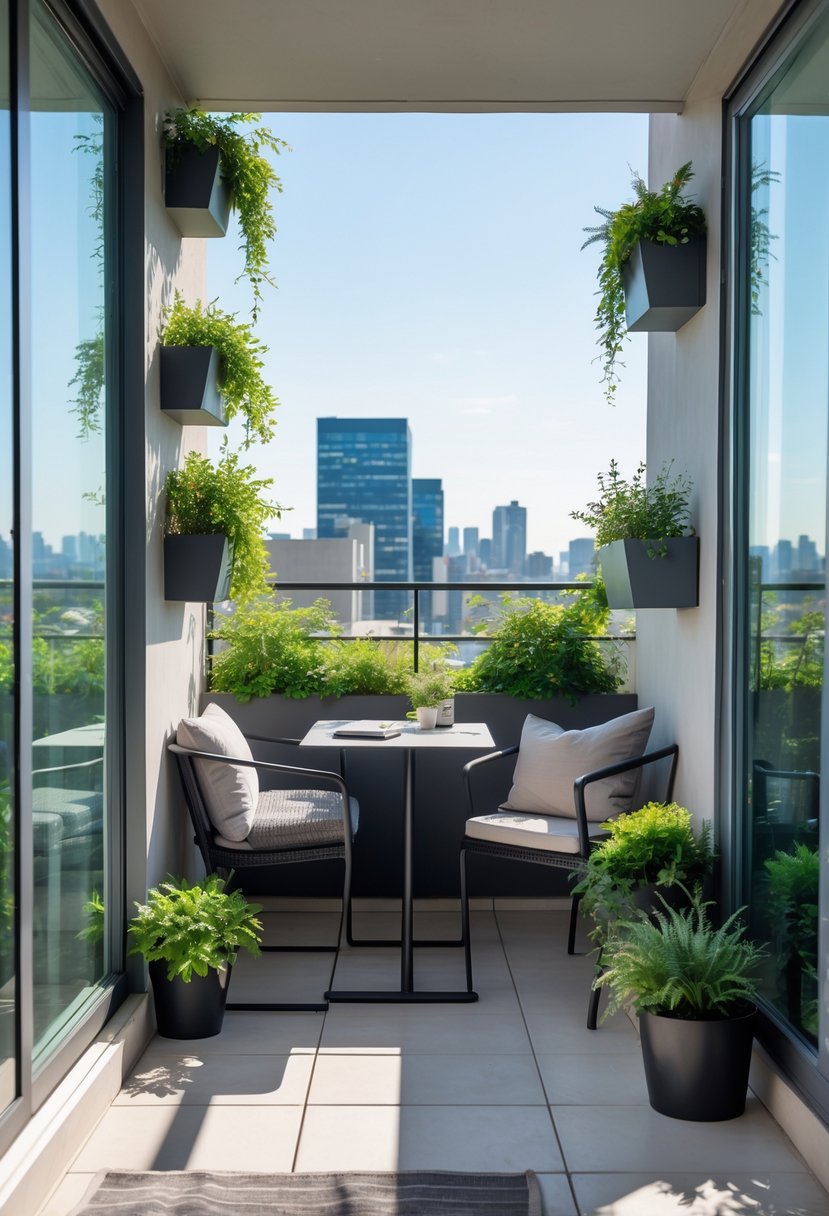 A narrow balcony with modern furniture, green plants, and a cityscape view, designed to feel spacious and inviting.
