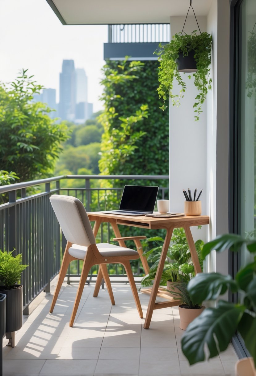 A balcony office setup with a desk, laptop, chair, plants, and a view of greenery outside.