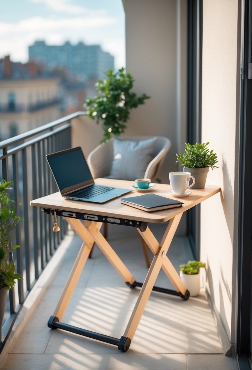 A small balcony with a compact foldable desk holding a laptop, notebook, and coffee cup, next to a potted plant and a cushioned chair.
