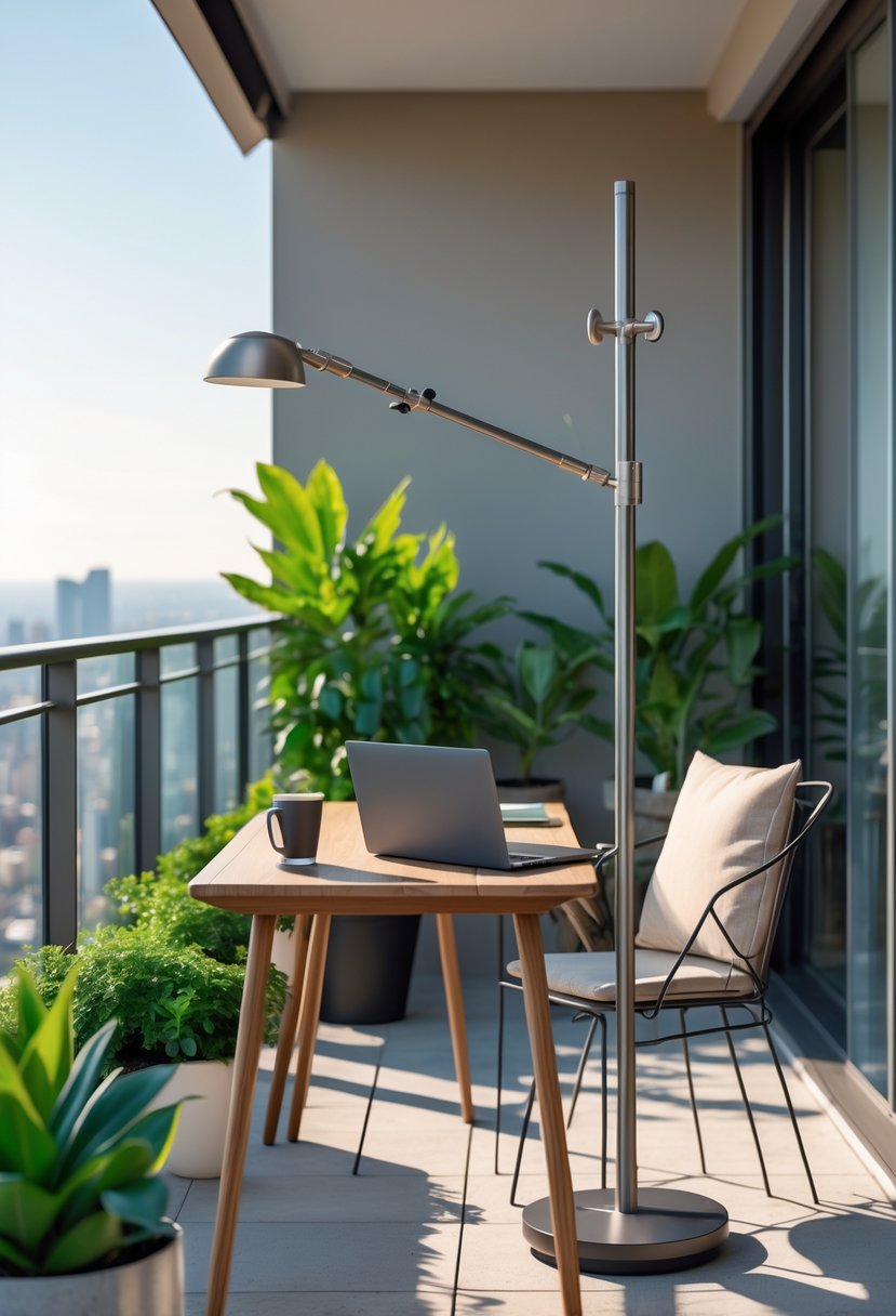 An outdoor balcony office setup with an adjustable floor lamp, desk with laptop, plants, and city view in the background.