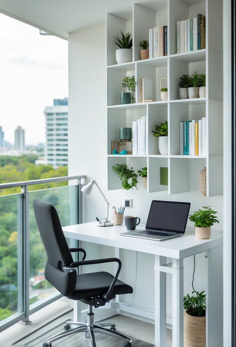 A balcony office with vertical wall-mounted shelves, a desk with a laptop, a chair, and plants, overlooking an outdoor view.