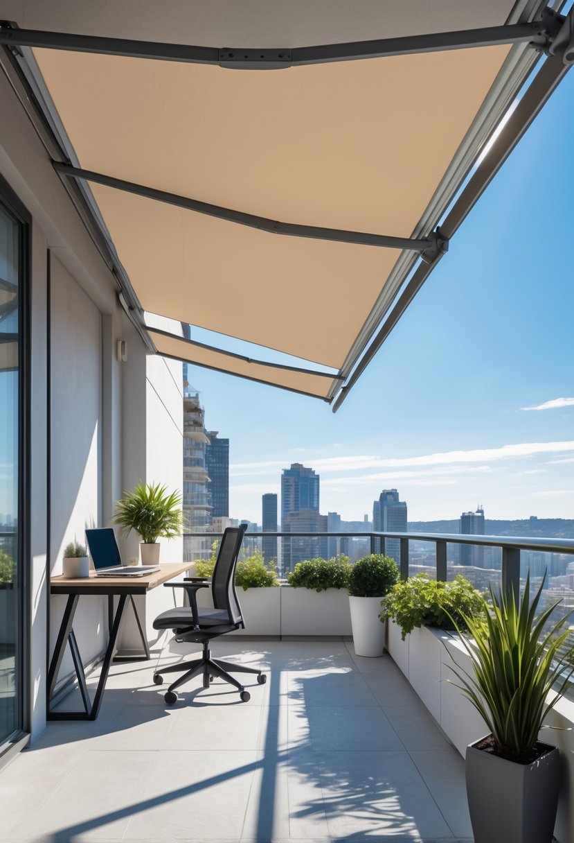 A balcony office with a retractable awning providing shade over a desk with a laptop and chair, overlooking a cityscape under a clear sky.