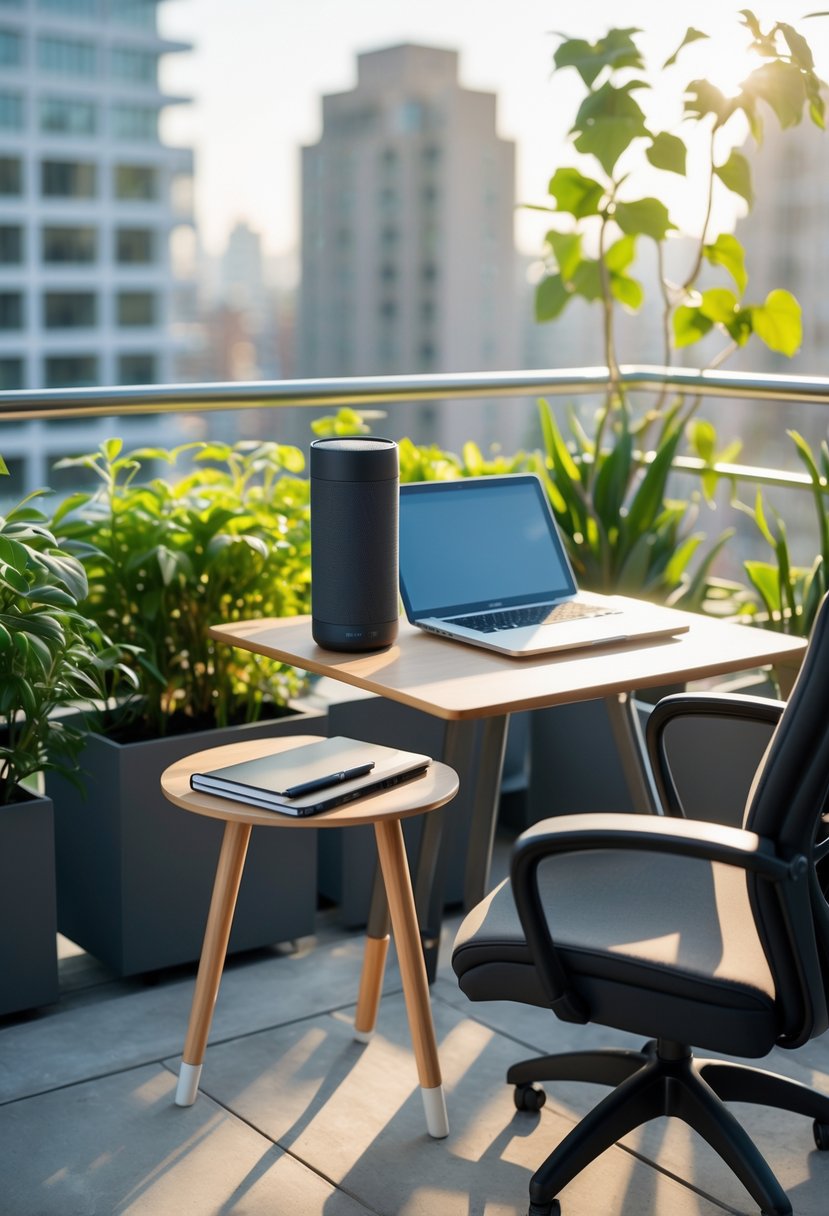 A balcony office setup with a portable Bluetooth speaker on a table, a laptop, notebook, ergonomic chair, and potted plants overlooking a cityscape.