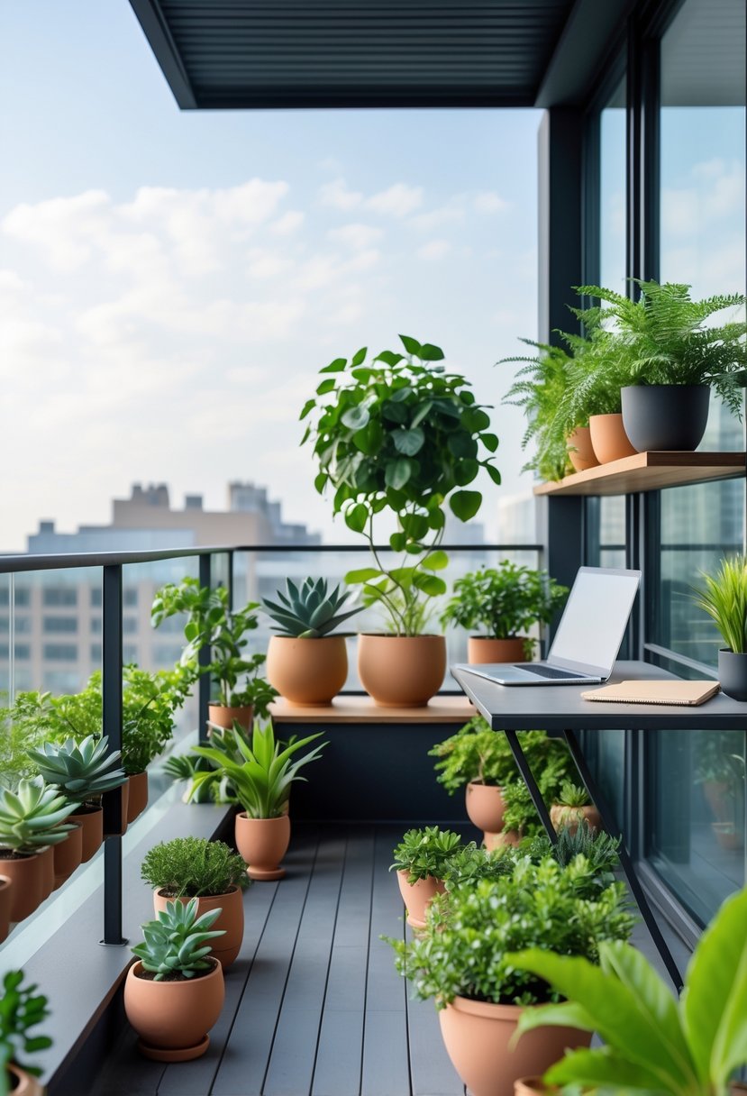 A balcony office setup with various small potted plants arranged around a desk with a laptop and coffee cup, overlooking a cityscape.