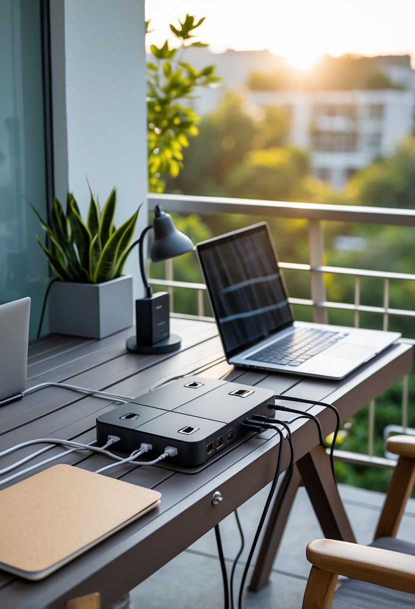 An outdoor balcony office setup with a power strip connected to electronic devices on a wooden desk overlooking a city view.