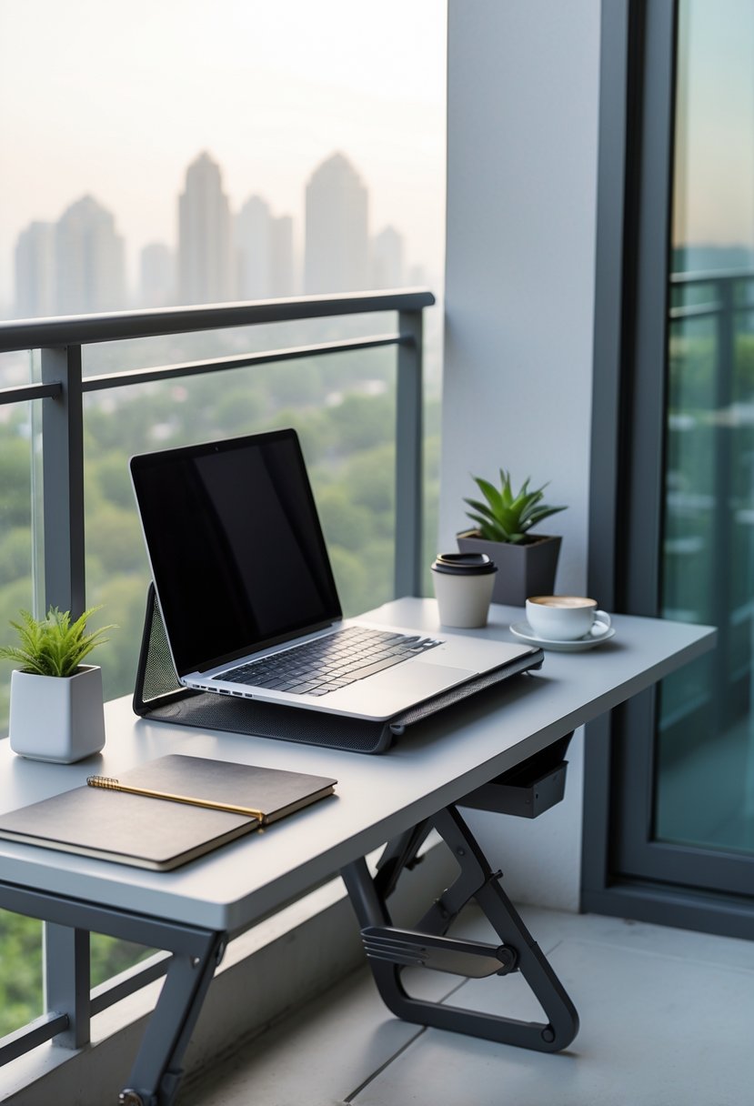 A laptop on a foldable mesh stand on a balcony table with a plant, coffee cup, and notebook, overlooking a calm outdoor view.