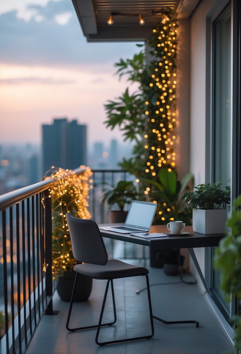 A balcony office setup with a desk, laptop, coffee cup, string lights, plants, and a city view in the background.