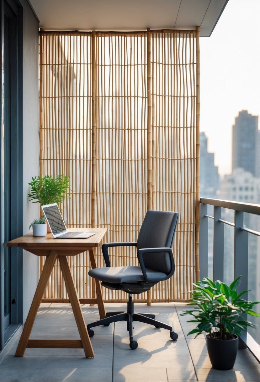 A balcony office setup with a bamboo privacy screen, wooden desk with laptop, chair, and plants overlooking a cityscape.