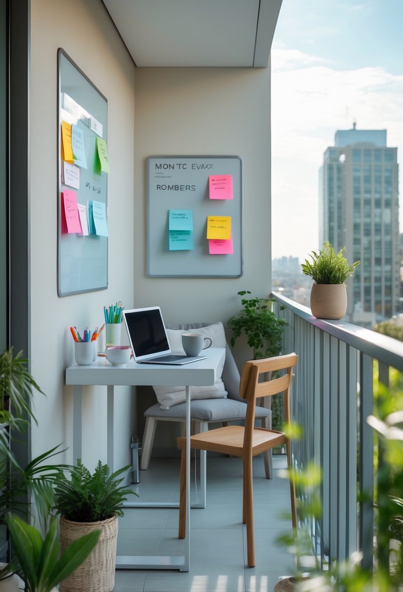 A balcony office with a magnetic whiteboard covered in sticky notes, a desk with a laptop and coffee, surrounded by plants and city views.