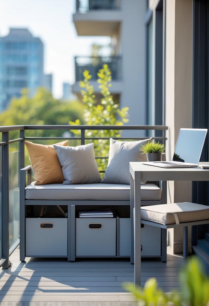 A balcony with a weatherproof storage bench used as seating next to a small desk with a laptop and coffee cup, surrounded by plants and overlooking a city view.