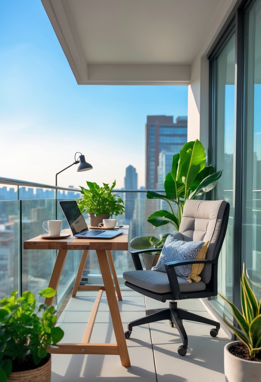 A balcony office setup with a desk, laptop, chair, plants, and city view in daylight.