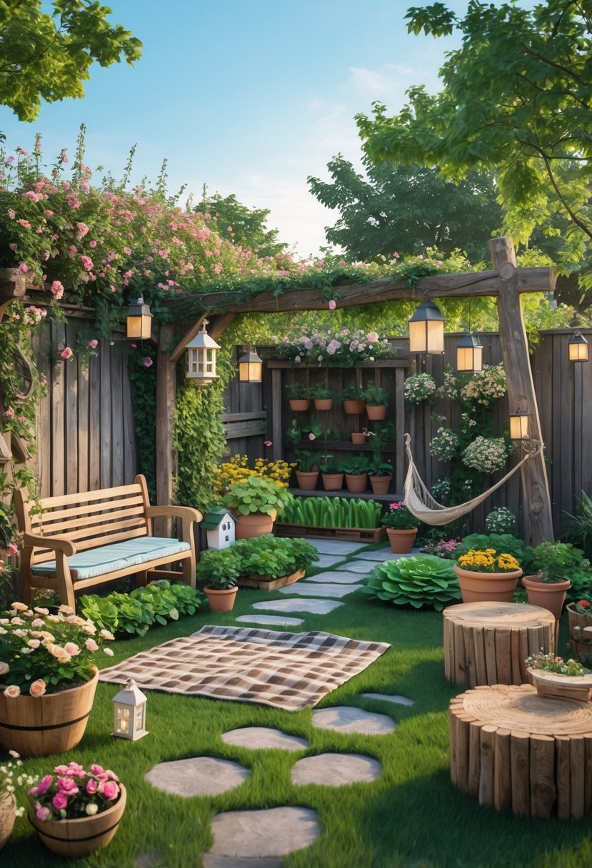 A backyard with a wooden bench, blooming flowers, vegetable garden, stone pathway, birdhouse, picnic setup, pond, hammock, and string lights under a clear sky.
