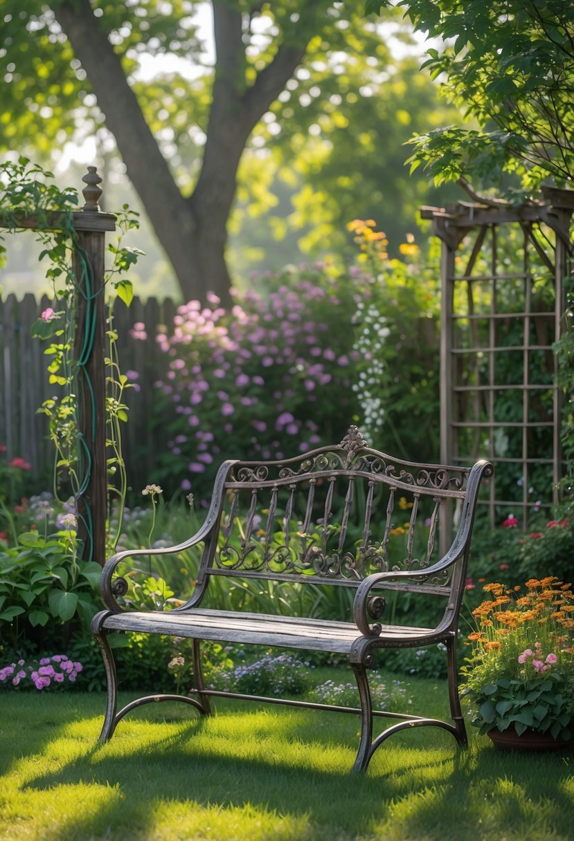 A wrought iron garden bench on a green lawn surrounded by flowers and plants in a backyard.