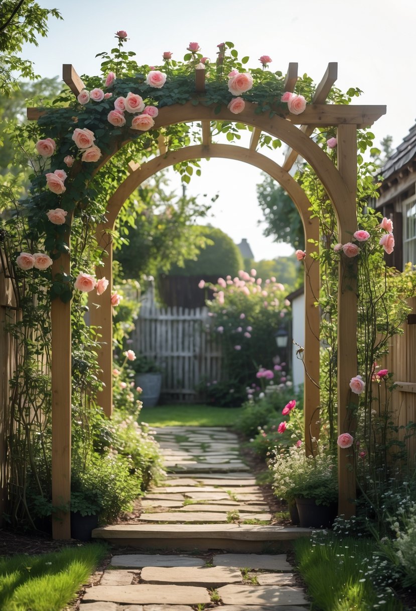 A wooden arched trellis covered with blooming climbing roses over a stone pathway in a backyard garden.