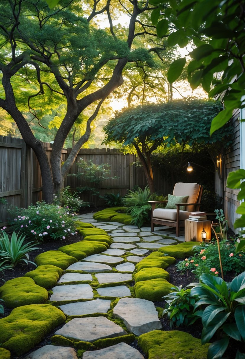 A moss-covered stone pathway leads to a shaded reading nook with a cushioned chair and small table under a large tree in a backyard.