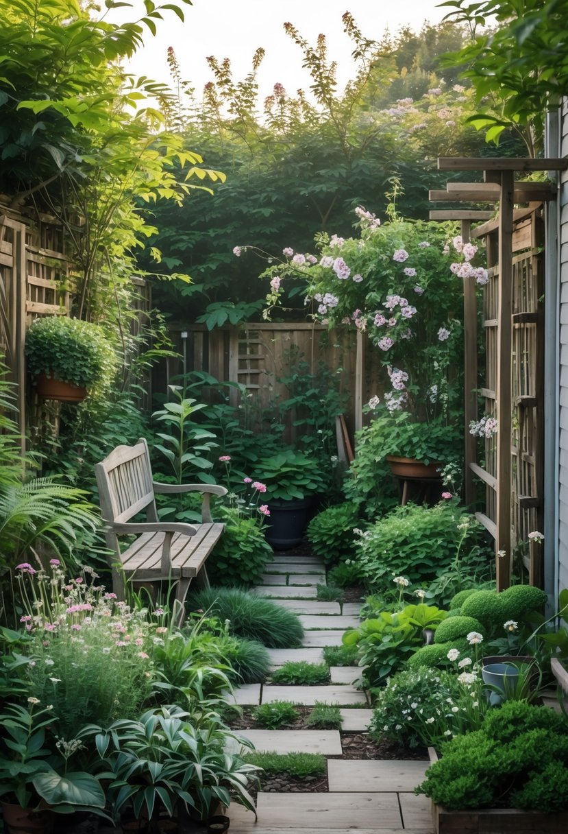 A backyard garden with layered plants of different textures and heights, including flowers, shrubs, vines, and wooden garden elements.