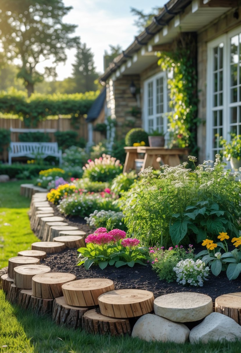 A backyard garden with wooden and stone borders around flower beds and a cottage in the background.