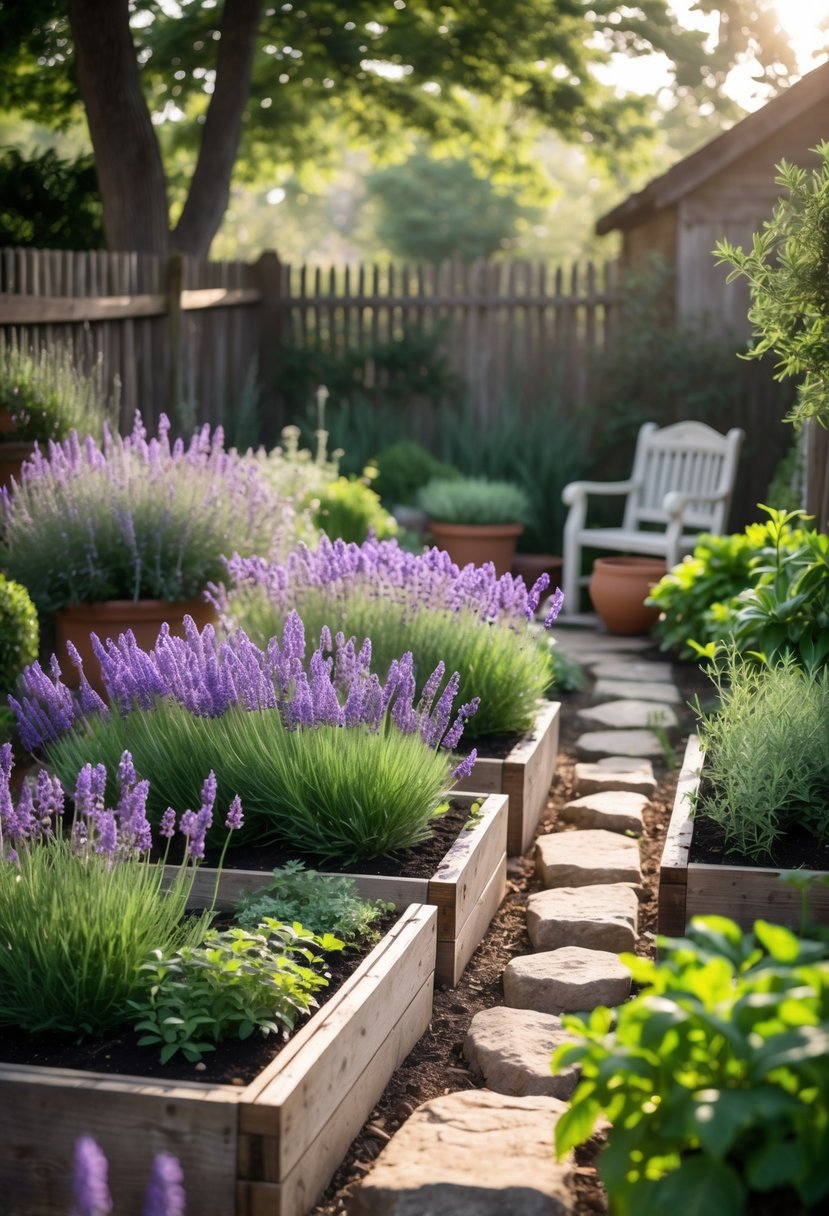 A backyard garden with blooming lavender and various green herbs planted in wooden beds and pots, featuring a stone pathway and a wooden fence in the background.