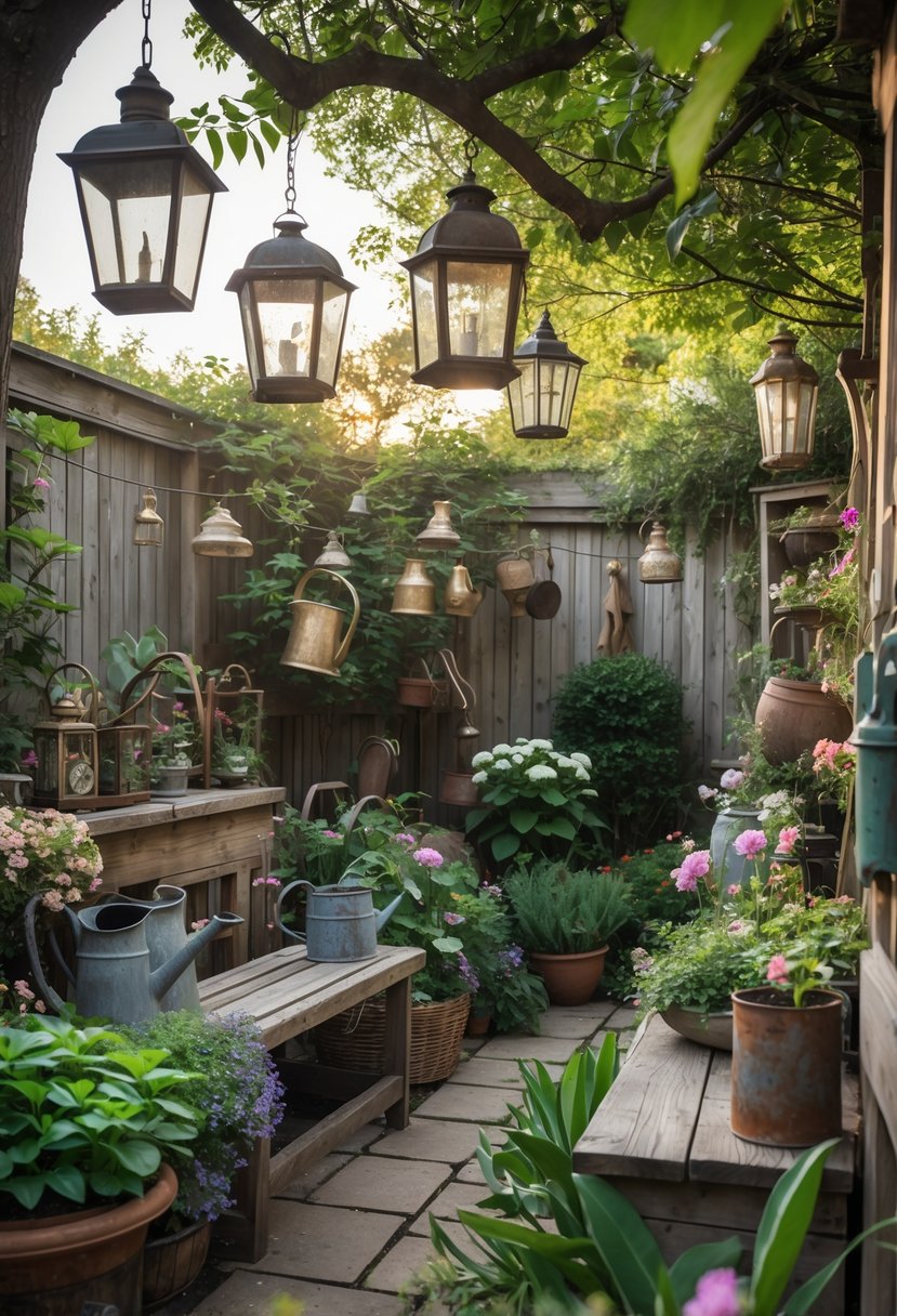A backyard garden with antique lanterns hanging from trees and rustic watering cans among plants and flowers.