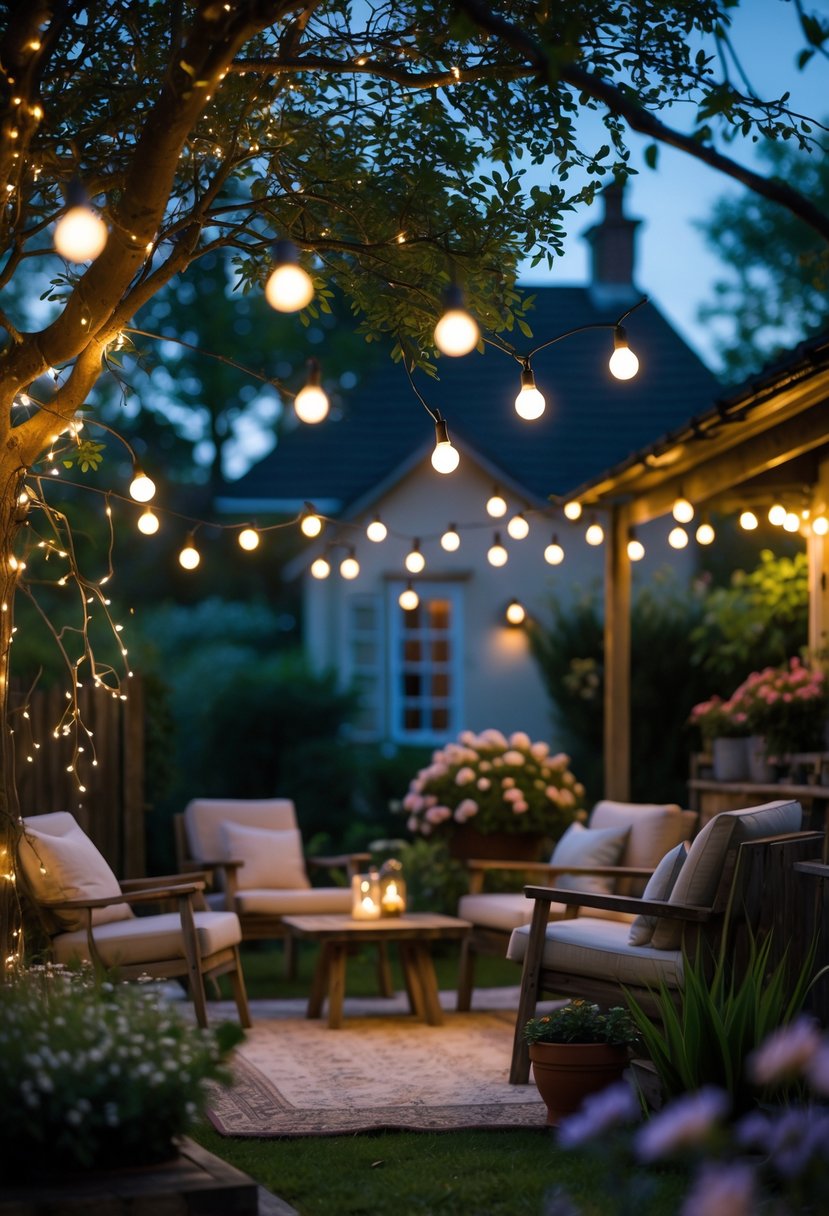 Evening backyard with fairy lights hanging from trees, rustic furniture, and blooming flowers around a cottage.