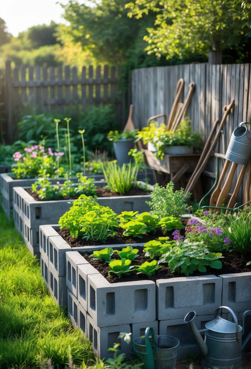 A backyard with raised garden beds made of cinder blocks filled with plants and flowers, surrounded by green grass and garden tools.