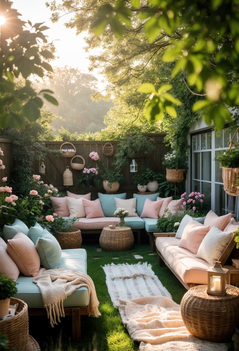 A backyard with several cozy seating areas featuring soft pastel cushions and blankets surrounded by plants and wooden furniture.