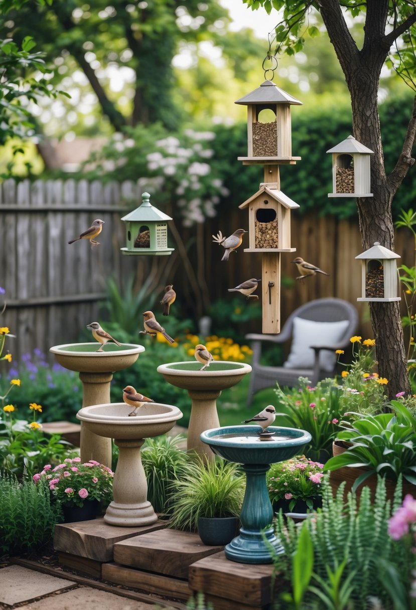 A backyard garden with birdbaths, bird feeders, plants, and birds perched and bathing among the greenery.