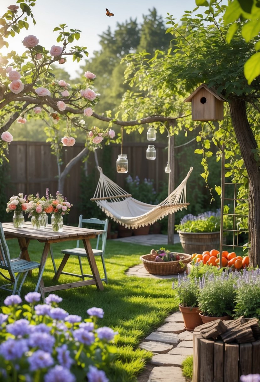 A sunlit backyard with a picnic table, hammock between trees, flower garden, vegetable patches, a birdhouse, and a fire pit area surrounded by plants and flowers.