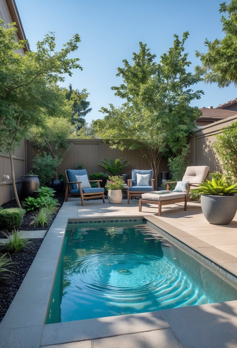 A small backyard with a modern swimming pool surrounded by plants, lounge chairs, and a wooden deck.