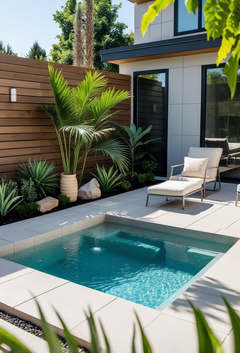 A small corner plunge pool in a backyard with patio furniture, plants, and a wooden fence.