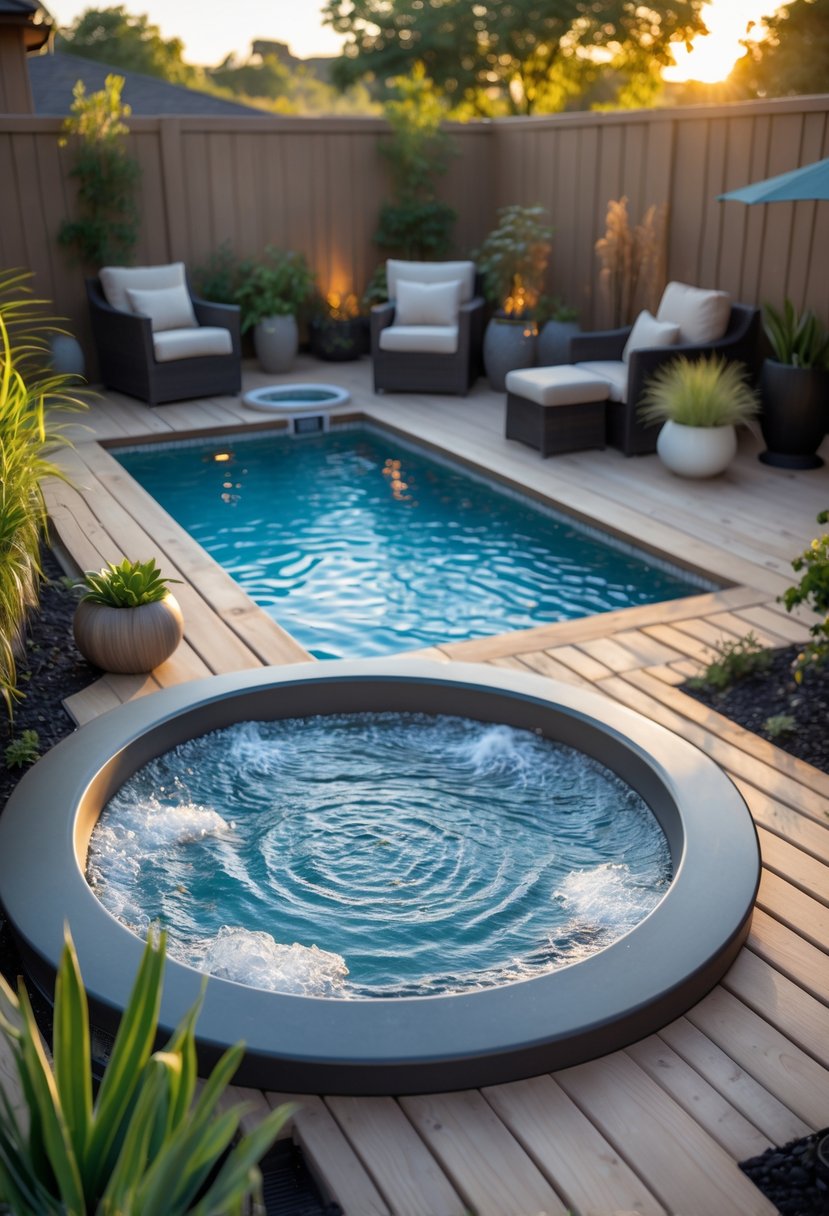 Small backyard with an integrated hot tub connected to a compact swimming pool surrounded by plants and outdoor seating.