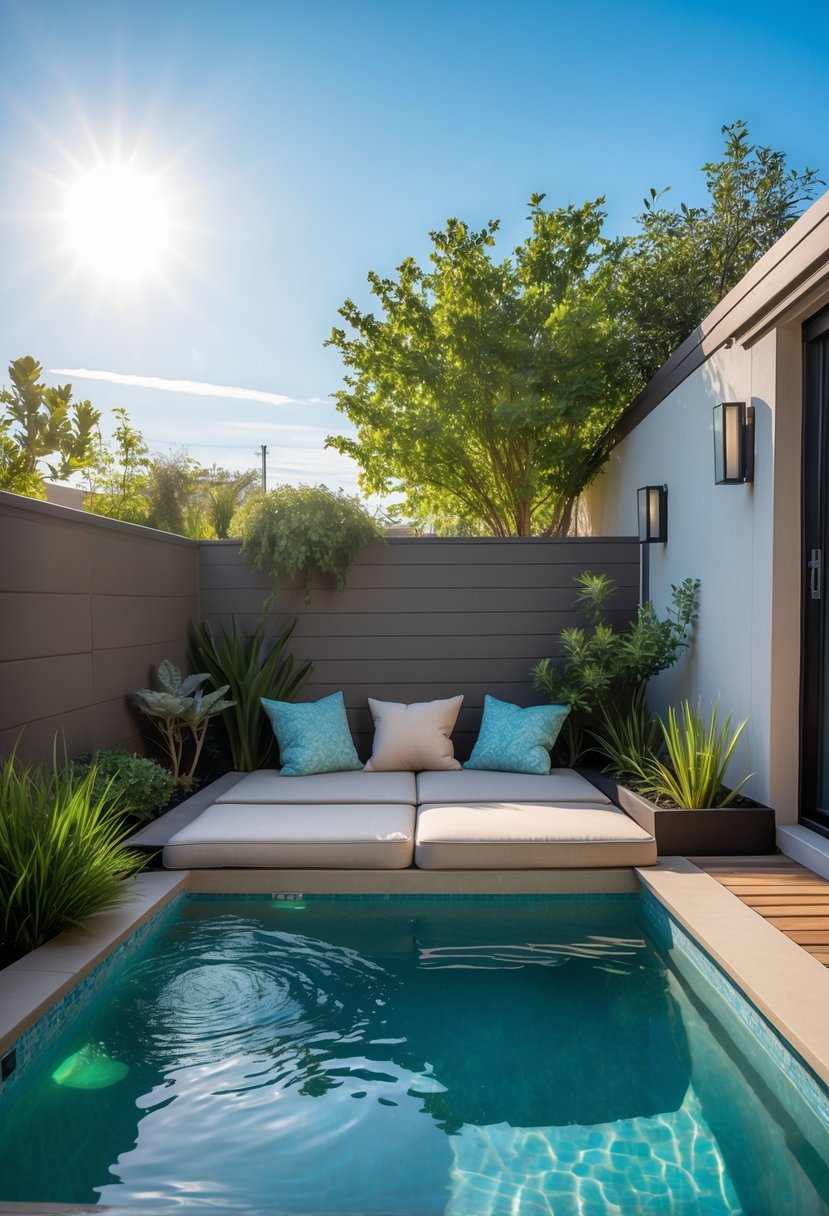 Small backyard pool with a sunken seating area featuring cushioned benches partially submerged in clear water, surrounded by plants and a wooden deck.