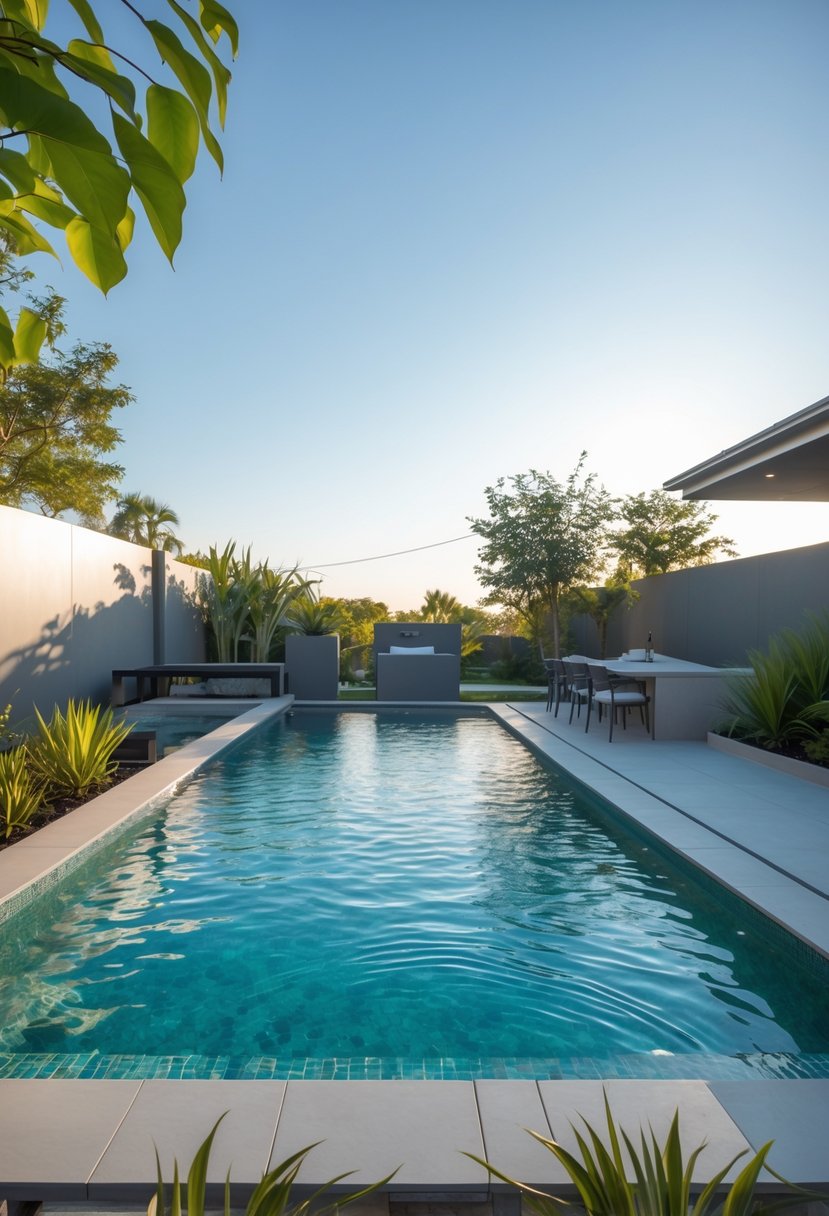 A small backyard with a compact infinity edge pool surrounded by modern outdoor furniture and green plants under clear daylight.