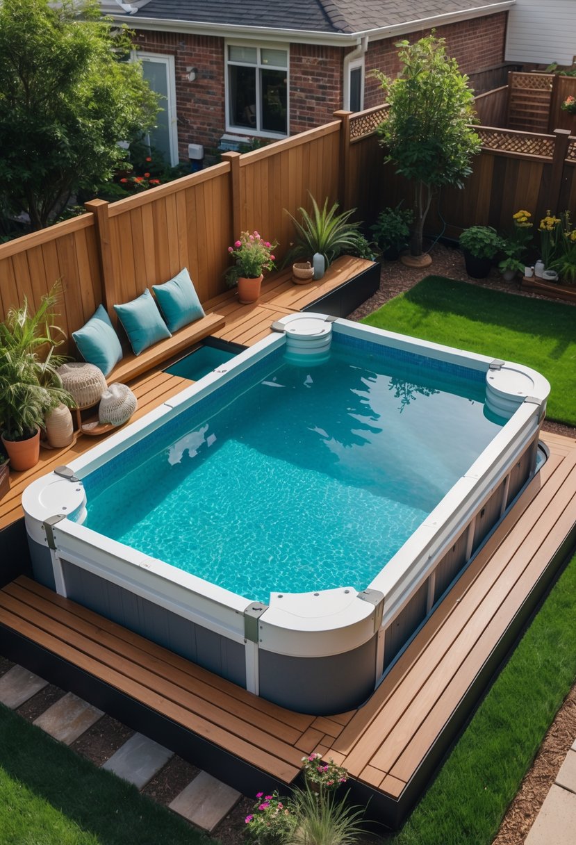 A small backyard with a modular above-ground pool surrounded by wooden decking, plants, and outdoor seating.