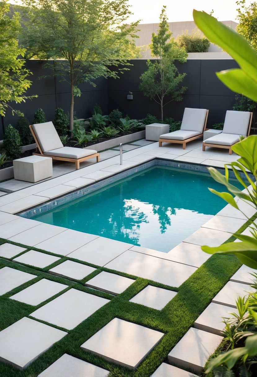 A small backyard with a rectangular pool surrounded by square stone tiles, wooden deck, lounge chairs, and green plants.