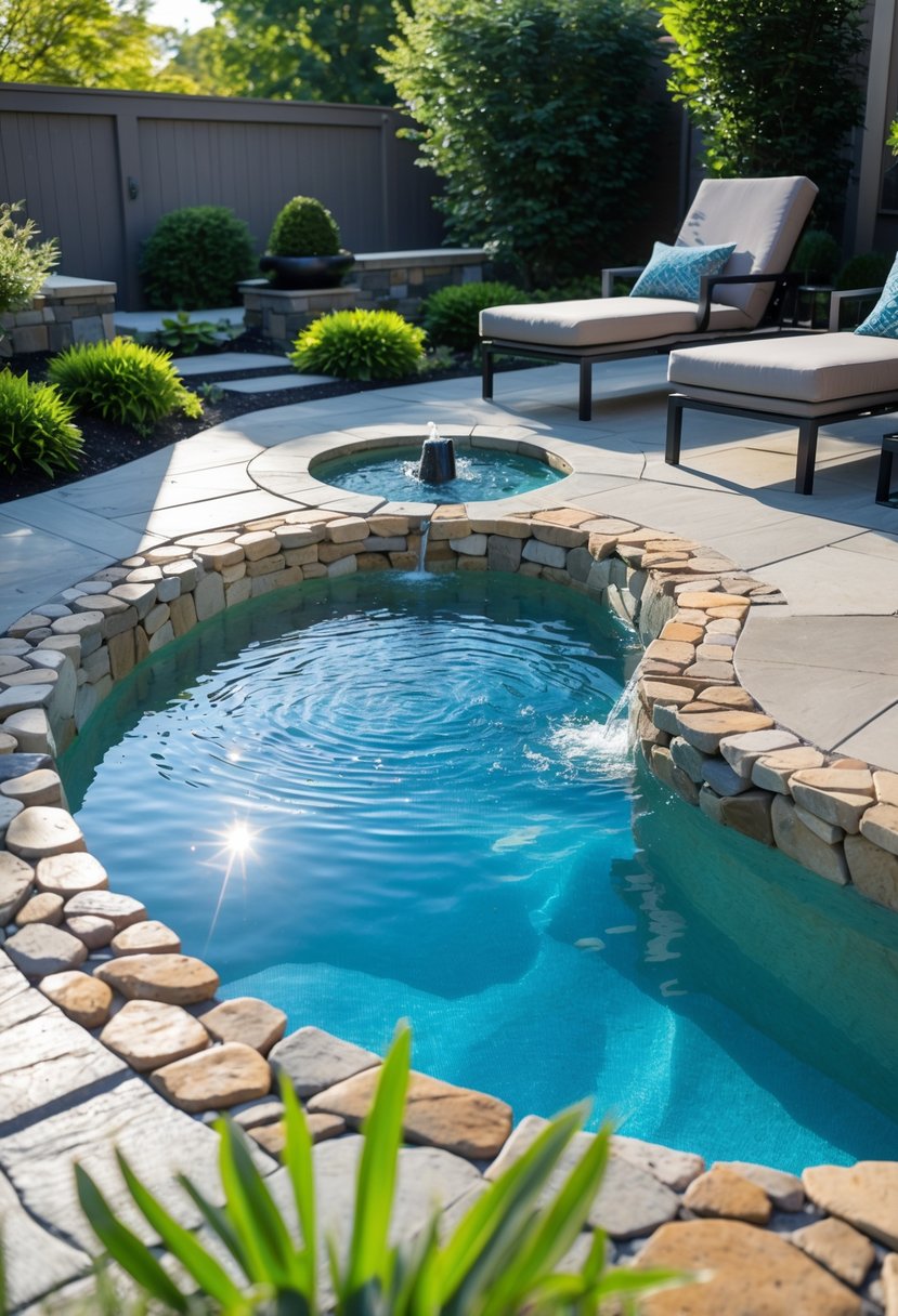 Small backyard pool with natural stone edges surrounded by plants and outdoor furniture.