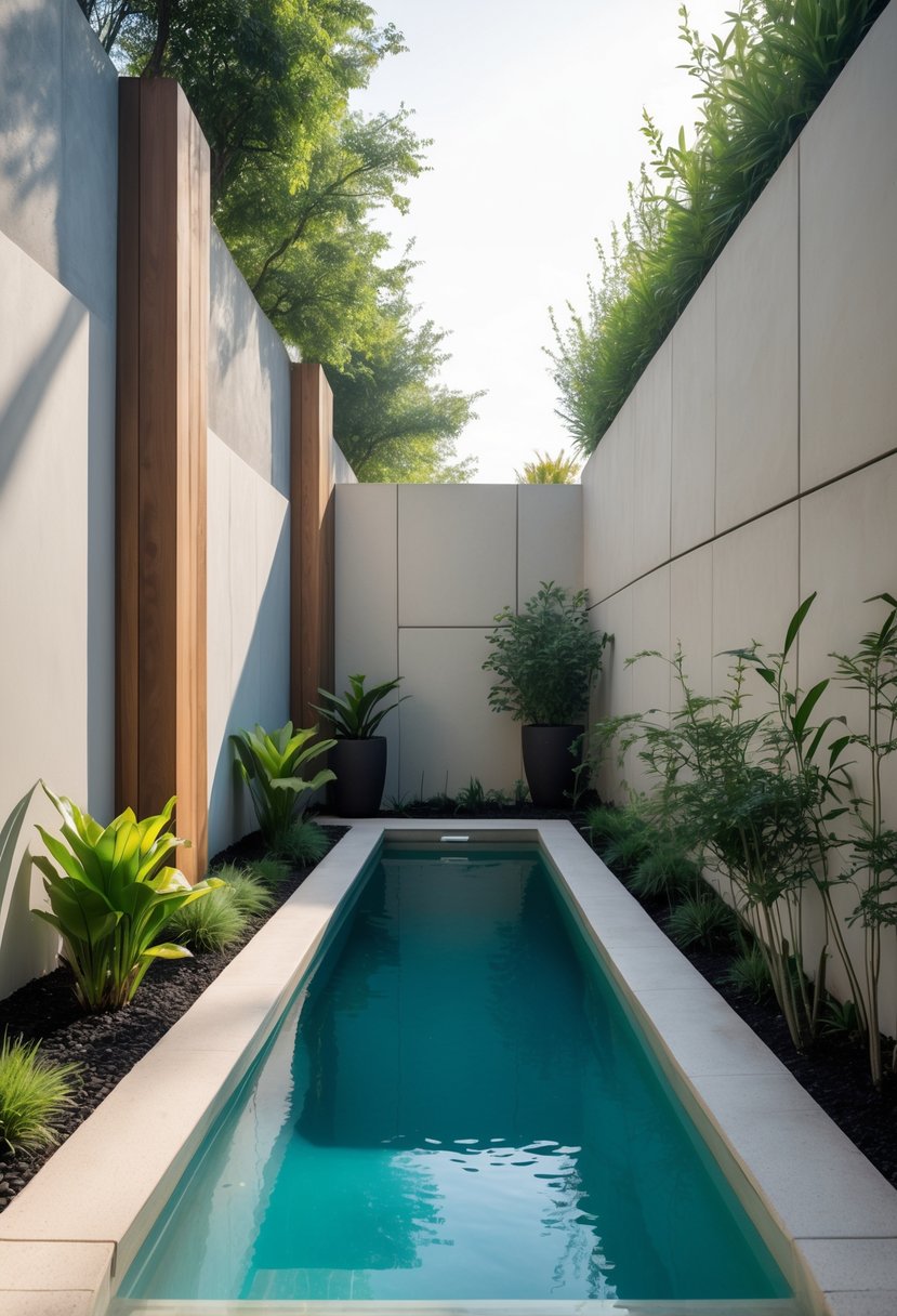 A small, narrow backyard pool with tall privacy walls surrounded by green plants and wooden decking.