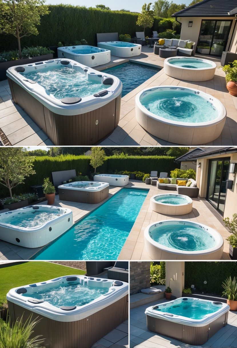 A backyard with several small swim spas designed for exercise and relaxation, surrounded by greenery and outdoor furniture.