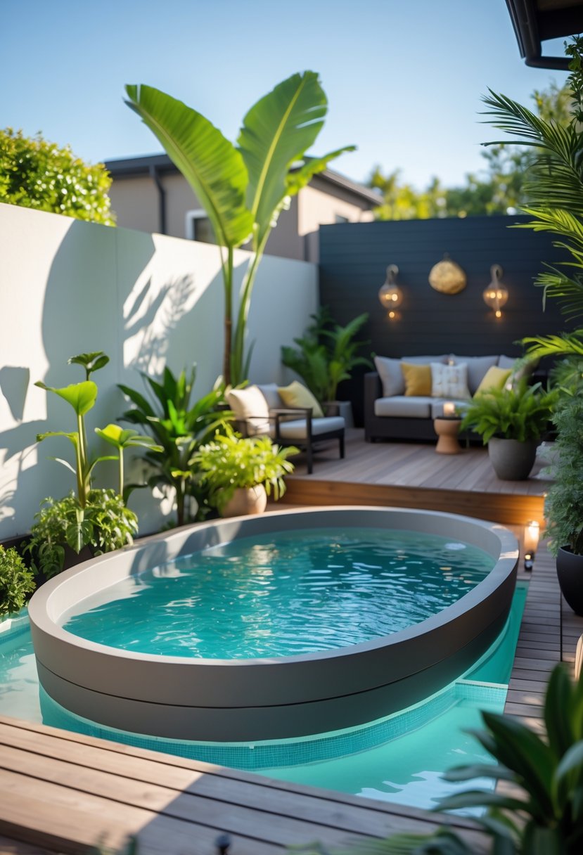 A small backyard with a freestanding tub filled with water, surrounded by plants and outdoor furniture.