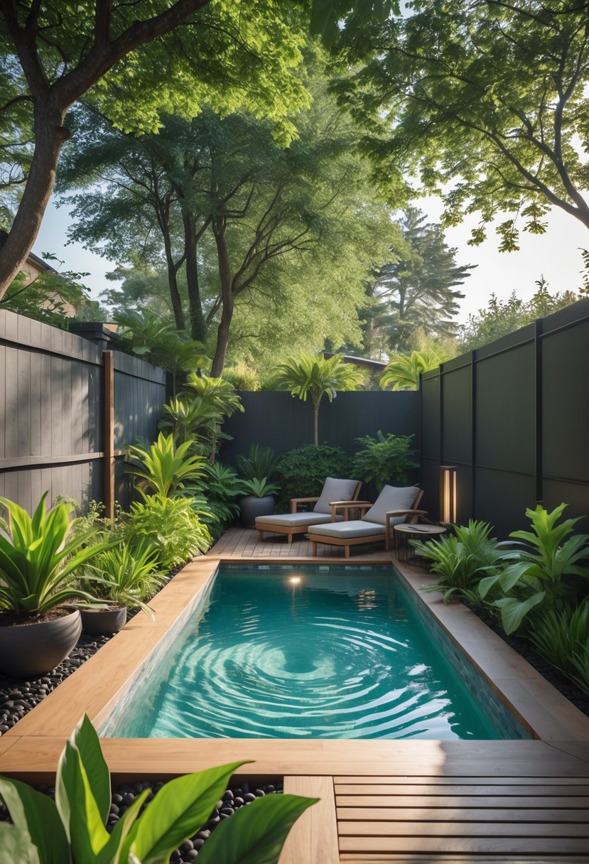 A small backyard with a modern swimming pool surrounded by plants, lounge chairs, and a wooden deck.